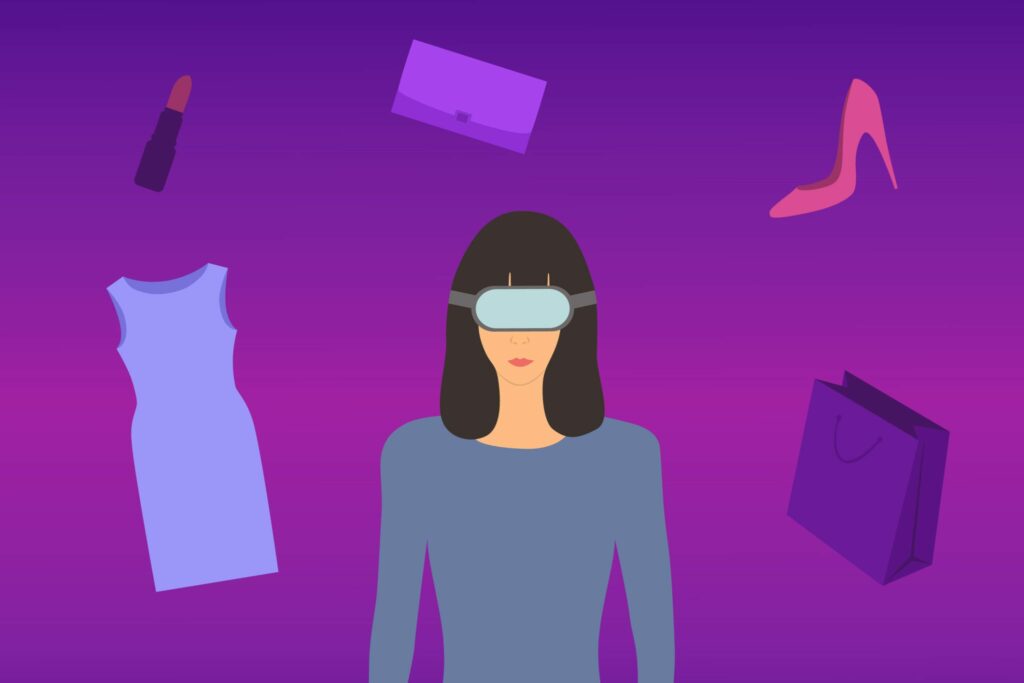 woman using a virtual reality headset, surrounded by fashion-related items