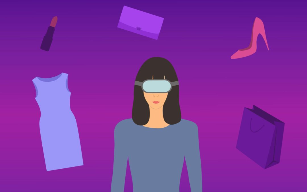 woman using a virtual reality headset, surrounded by fashion-related items