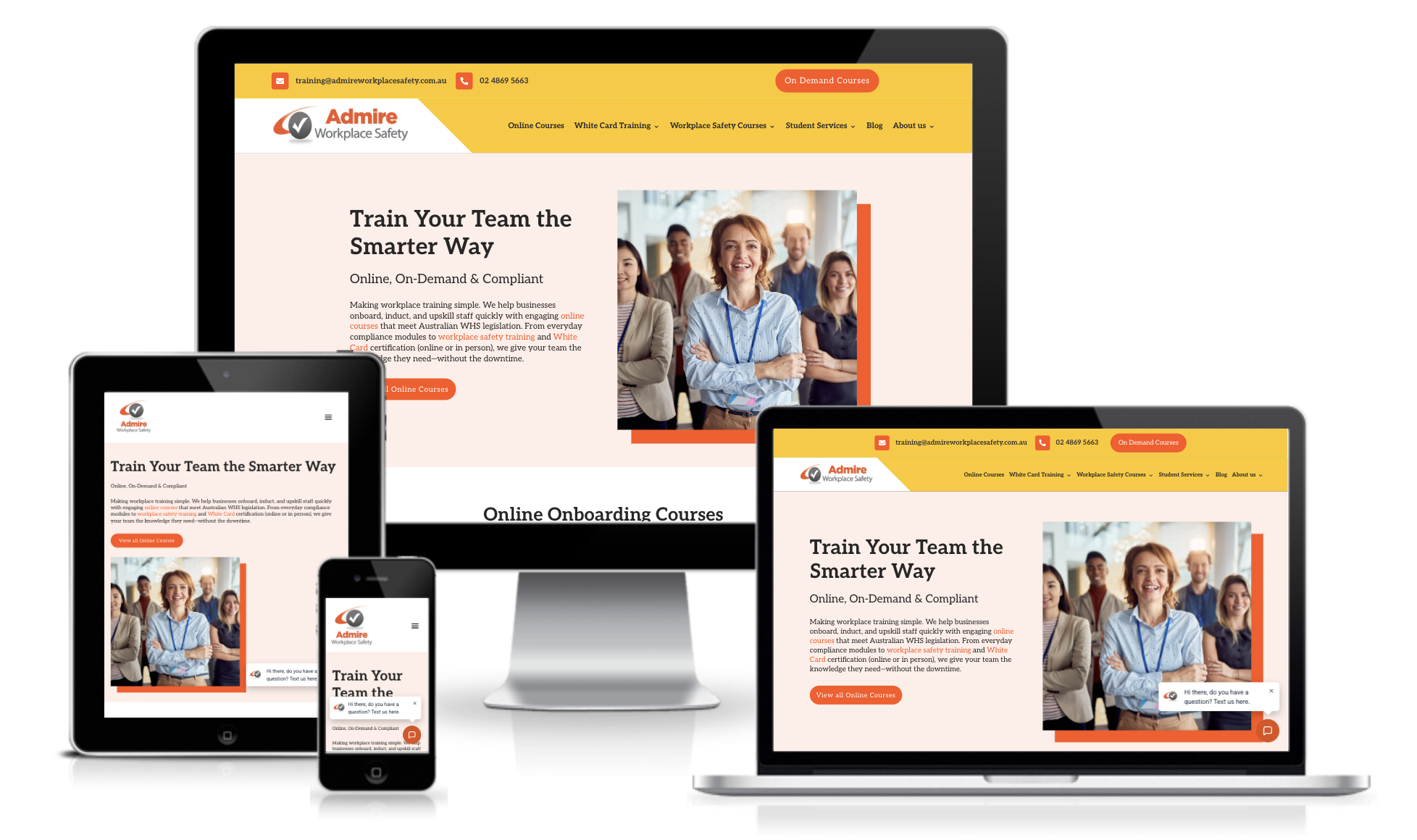 A responsive website for Admire Workplace Safety is displayed on a desktop, laptop, tablet, and smartphone screen, featuring a professional woman with crossed arms and text about team training courses.