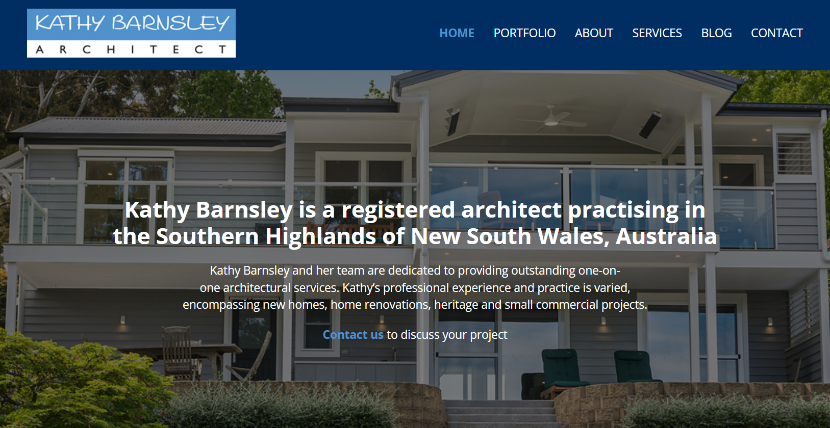 Screenshot of Kathy Barnsley Architects website homepage, showing a modern two-story house with large windows and outdoor seating. Text introduces Kathy as a registered architect in New South Wales, Australia.