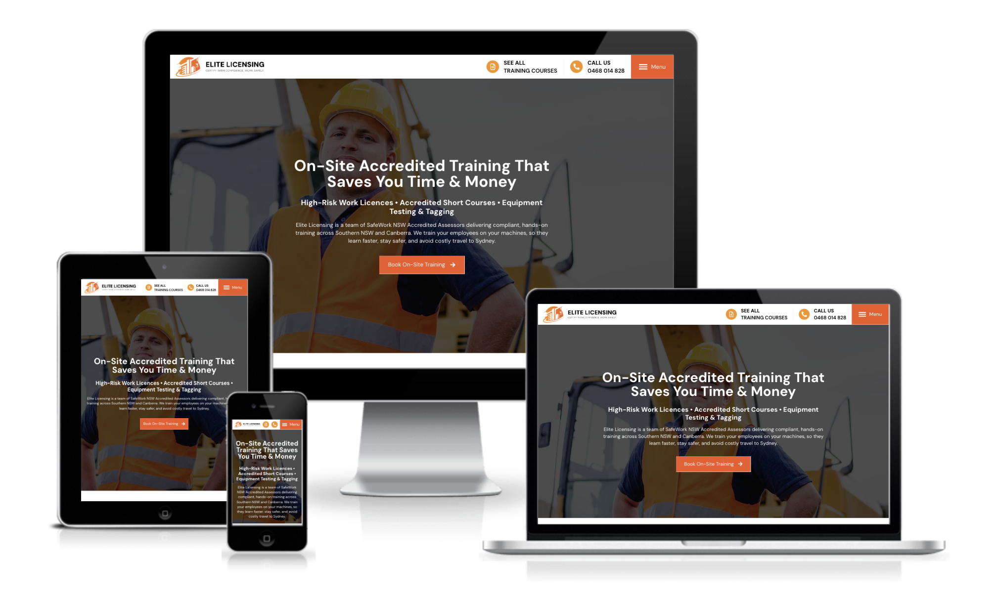 A construction training website displayed on a desktop, laptop, tablet, and smartphone screen, featuring a worker in a hard hat and vest and the headline, “On-Site Accredited Training That Saves You Time & Money.”.
