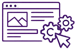 A purple line drawing of a web page with image and text icons, two gears, and a mouse cursor, representing website settings or customization.