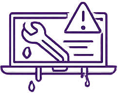 A purple line drawing of a laptop with a wrench and a warning sign on the screen, and water droplets leaking from the bottom, suggesting technical or repair issues.