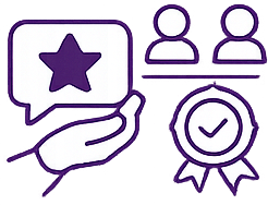 A hand holding a chat bubble with a star, two user icons above a line, and a ribbon with a check mark, all in purple outline style, representing quality, approval, and user recognition.
