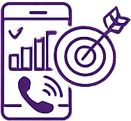 Purple line drawing of a smartphone displaying a bar graph and a phone call icon, next to a target with an arrow in the center, symbolizing communication and goal achievement through technology.