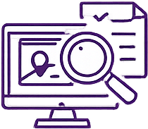 Purple line drawing of a computer monitor displaying a profile with a location pin, a magnifying glass over the screen, and a document with lines in the background, representing document or identity verification.