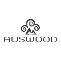 Black and white logo featuring the word AUSWOOD below a stylized tree made of spirals and two triangular shapes resembling mountains. The design is simple and modern.