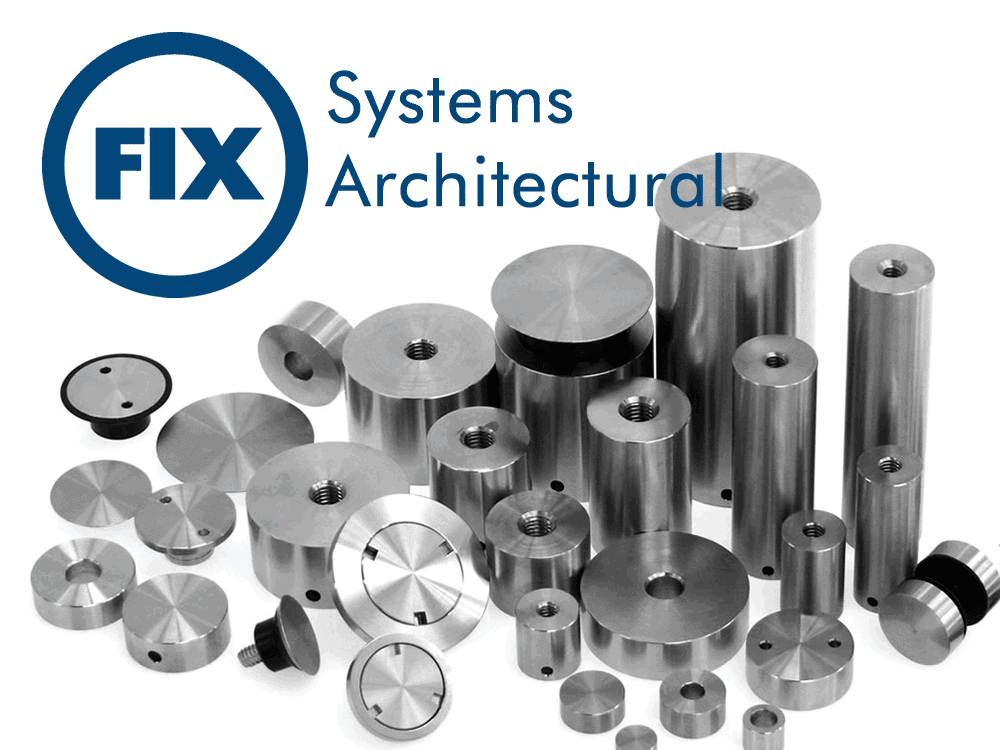 A variety of cylindrical and round metallic hardware components, ideal for boosting your Local SEO ranking, are displayed in rows below the FIX Systems Architectural logo.