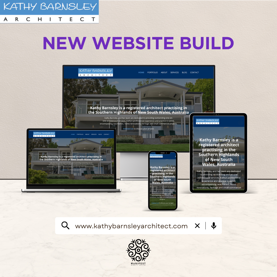 A website for Kathy Barnsley Architect is displayed on a desktop, laptop, tablet, and smartphone, showcasing a new website build announcement. The web address is shown below the devices.