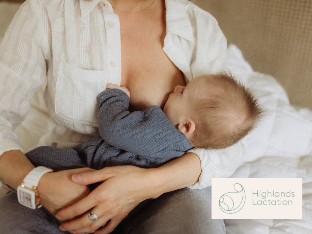 A woman in a white shirt is breastfeeding an infant dressed in blue while sitting on a sofa. A logo in the bottom right reads “Highlands Lactation,” supporting local SEO and ranking with its simple mother and baby line art.