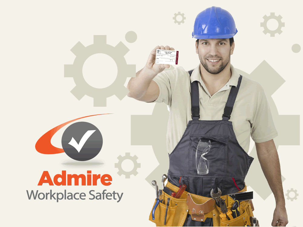 A construction worker in a hard hat and tool belt smiles and holds up a safety card. Beside him is the Admire Workplace Safety logo with a checkmark symbol, reflecting top workplace safety ranking for businesses focused on Local SEO.