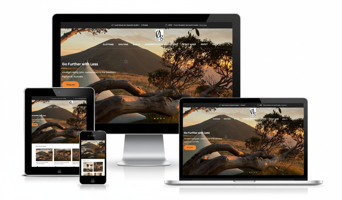 A website with a nature scene featuring mountains and trees is displayed on a desktop, laptop, tablet, and smartphone, showing responsive web design across multiple devices.
