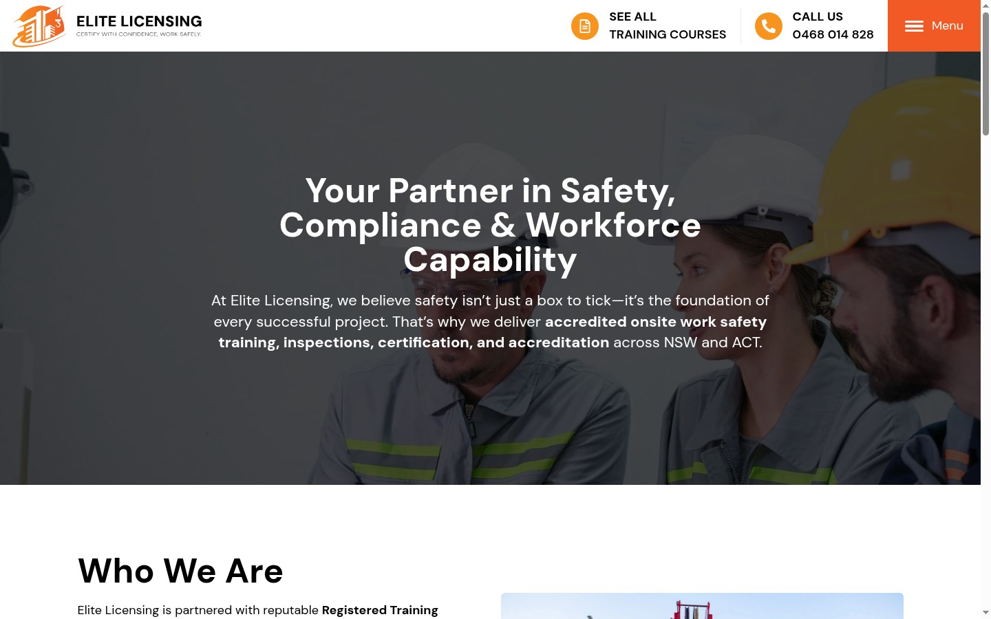 Elite Licensing about page with the headline Your Partner in Safety, Compliance and Workforce Capability