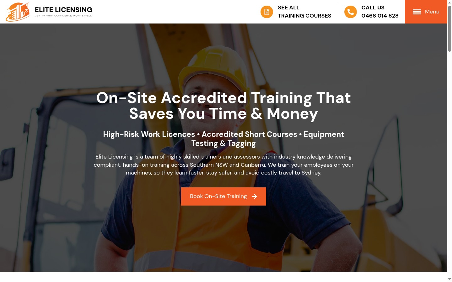 Elite Licensing homepage featuring a worker in safety gear with the headline On-Site Accredited Training That Saves You Time and Money