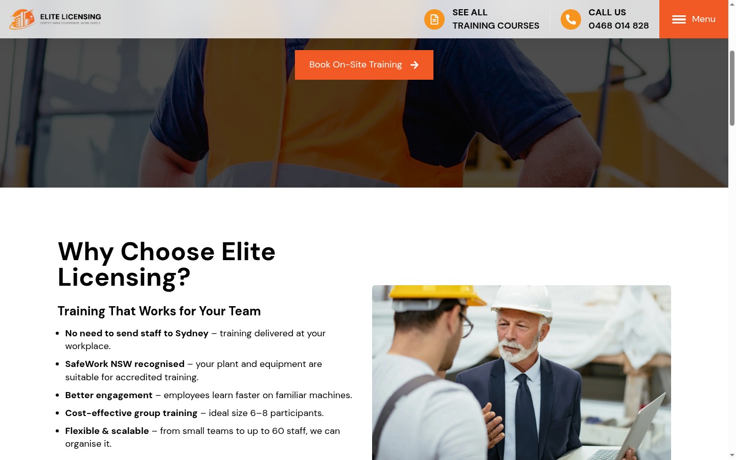 Elite Licensing homepage showing the Why Choose Elite Licensing section with key benefits