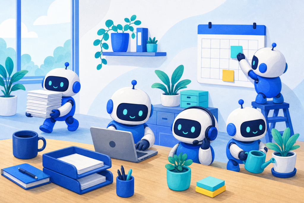 Illustration of small friendly robot workers handling admin tasks in a bright office