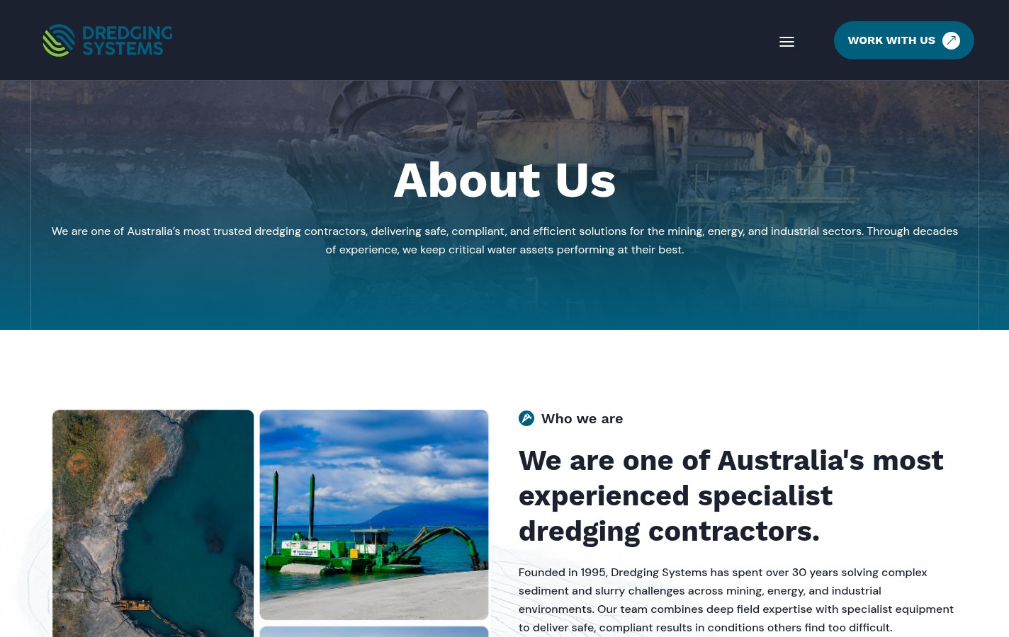 Dredging Systems About Us page introducing one of Australia's most experienced specialist dredging contractors