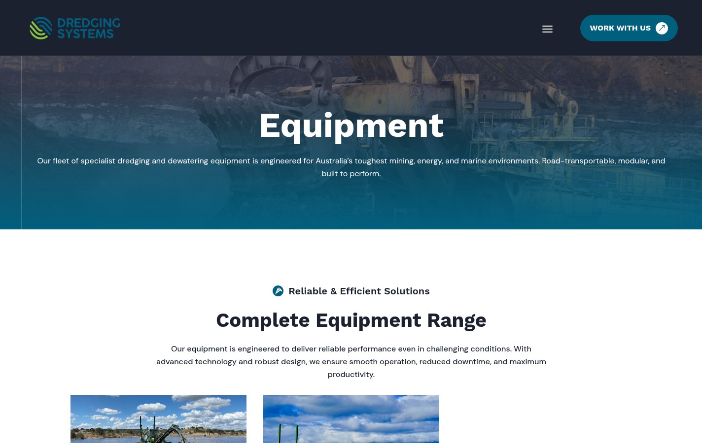 Dredging Systems equipment page showing the complete range of specialist dredging and dewatering equipment