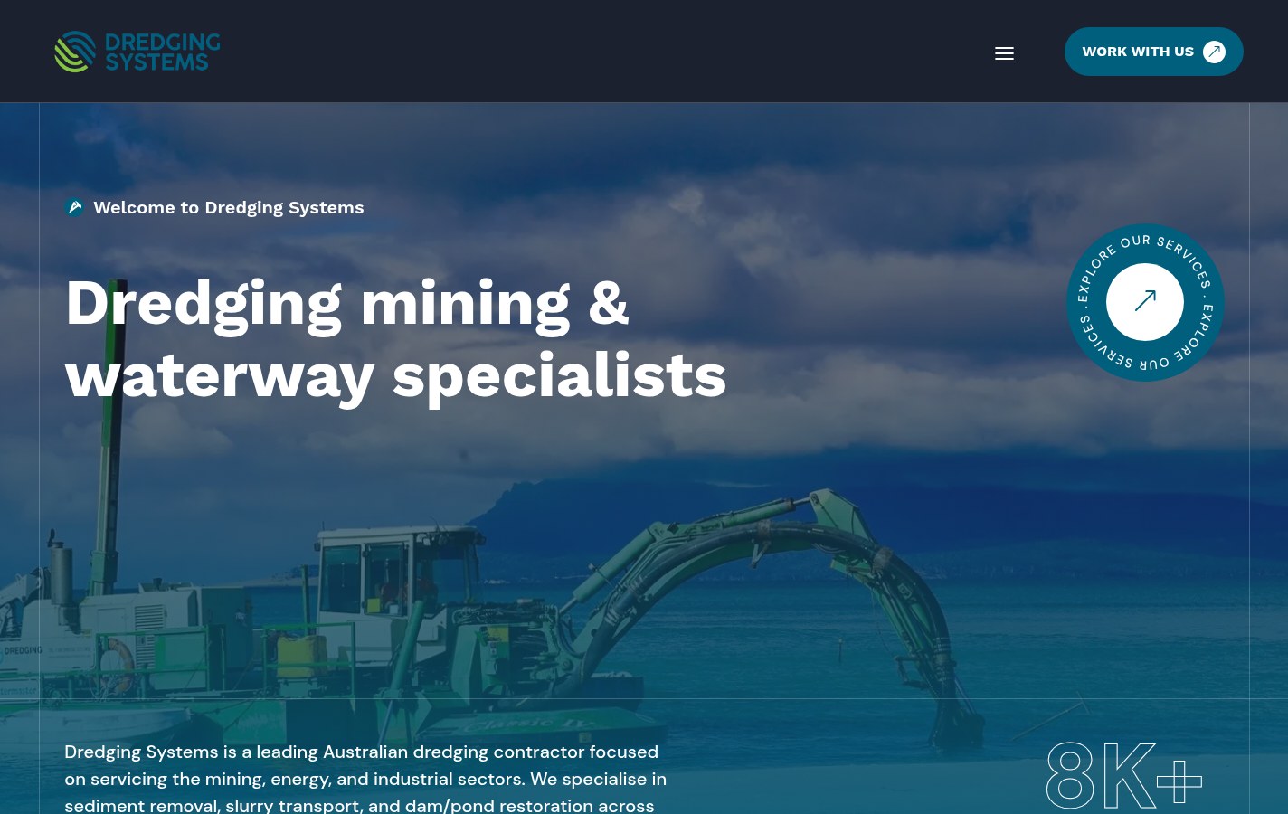 Dredging Systems homepage with the headline Dredging mining and waterway specialists over a photo of a dredge working on water
