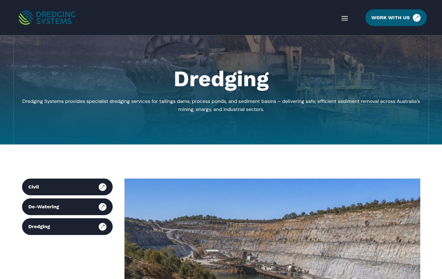 Dredging Systems dredging service page covering tailings dams, process ponds and sediment basins