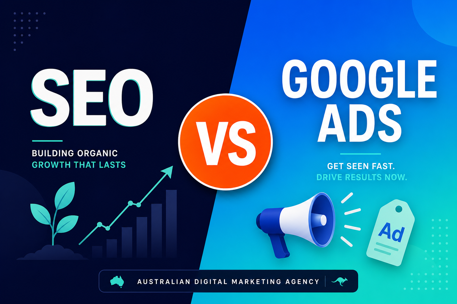 SEO vs Google Ads comparison graphic for Australian service businesses